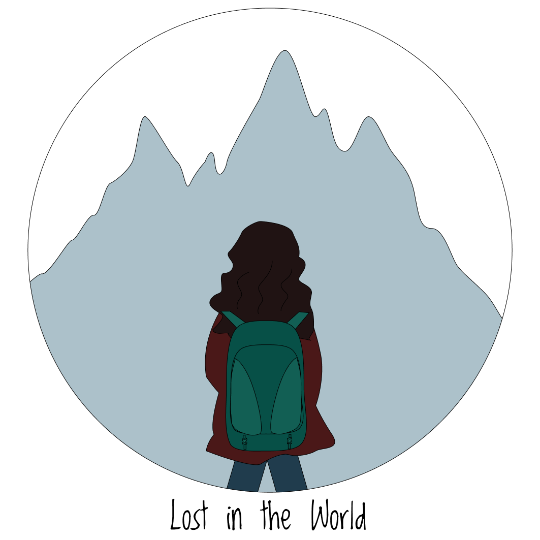 Logo of girl in jacket with backpack, lost in the world