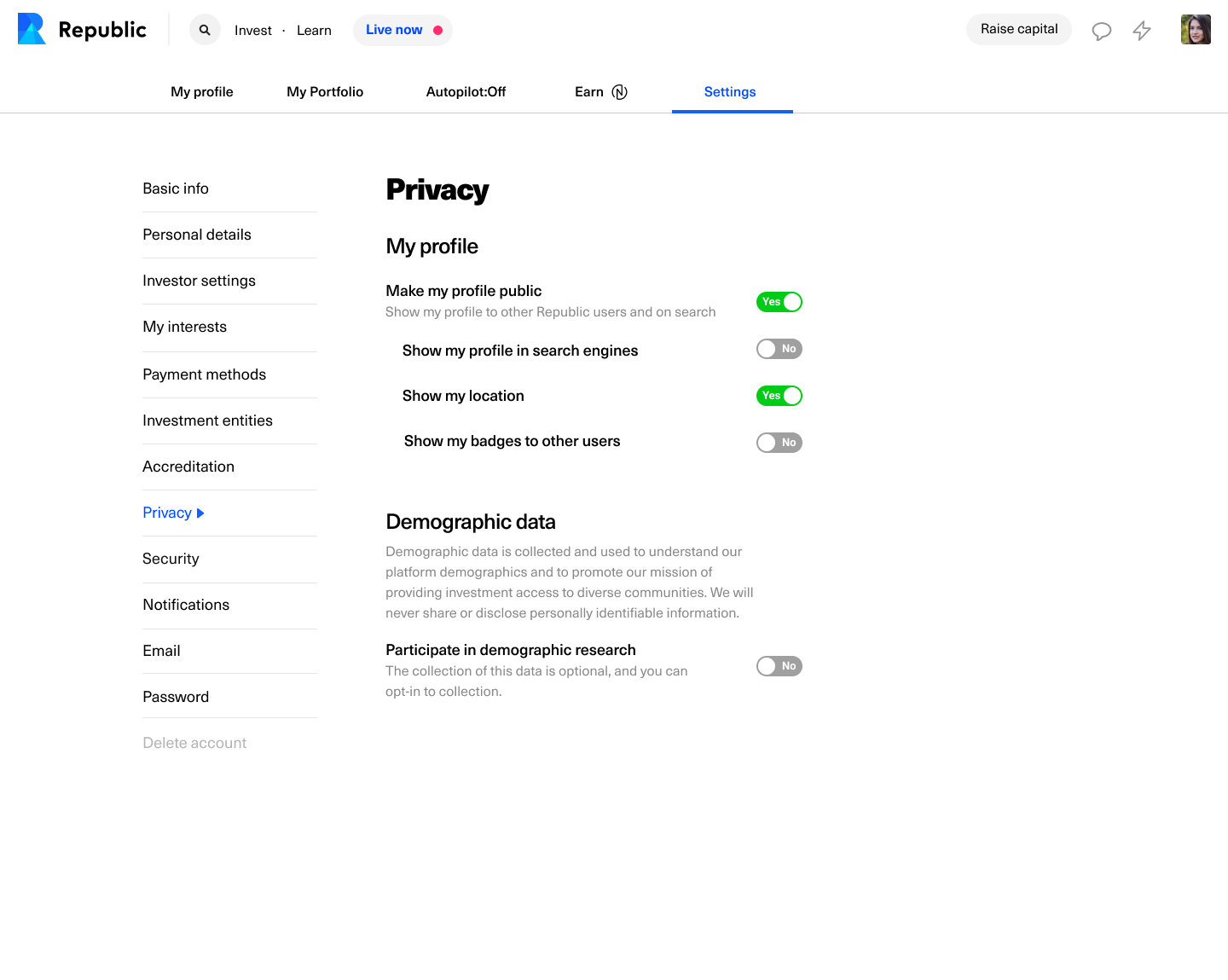 Privacy settings on Republic for a person who is public